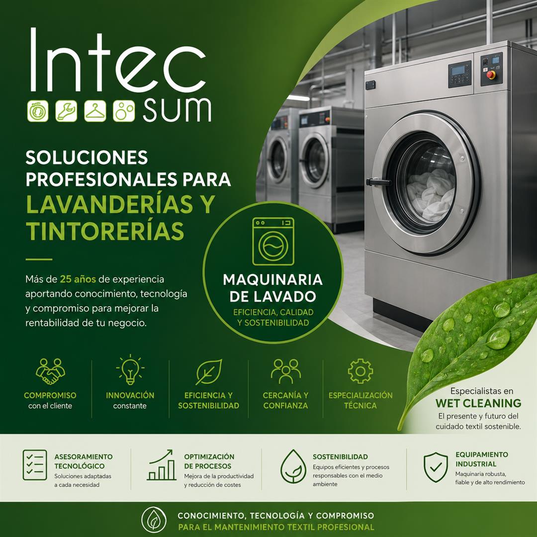 INTECSUM ofrece soluciones integrales para lavanderías profesionales: maquinaria, consumibles, recambios y asesoramiento técnico. Más de 40 años de experiencia al servicio del sector.