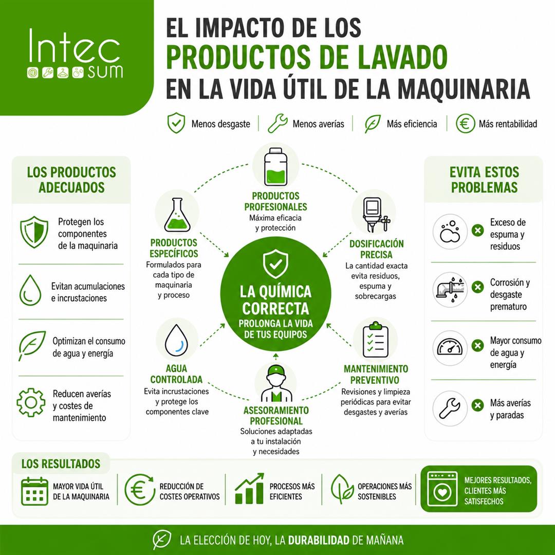 Productos químicos de lavado profesional y maquinaria de lavandería industrial para optimizar el mantenimiento y prolongar su vida útil.