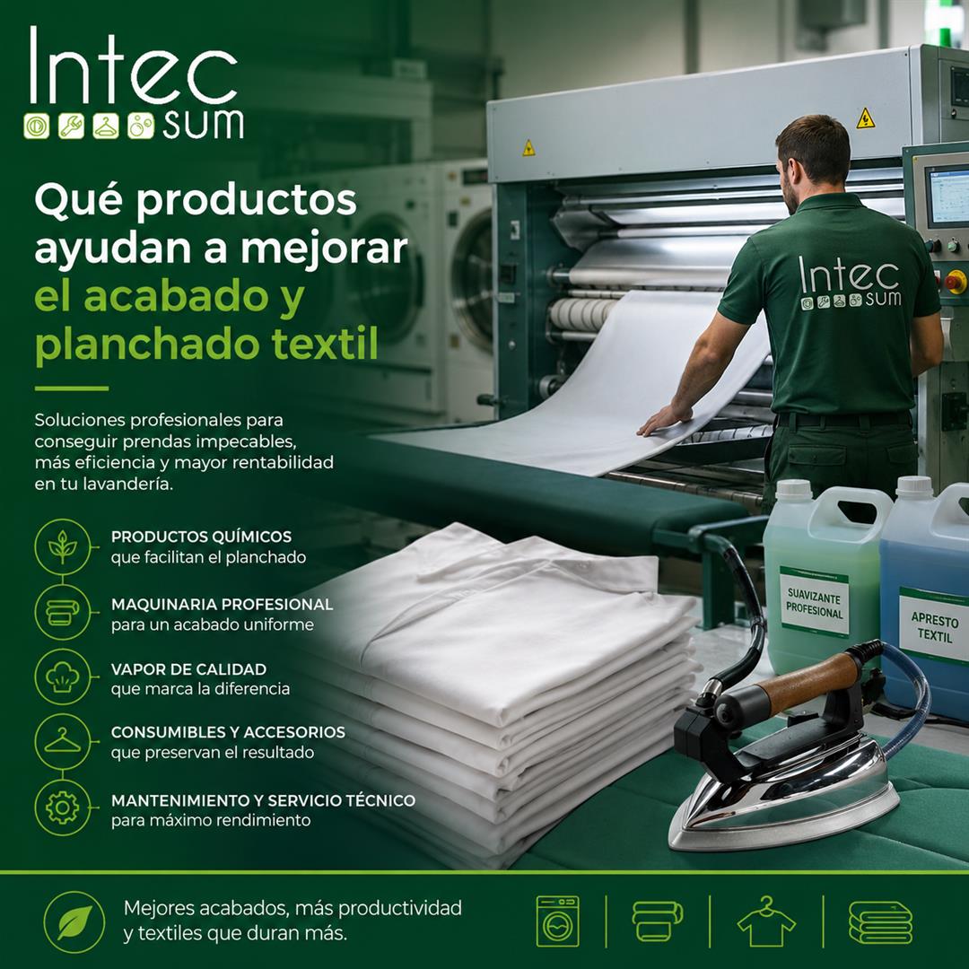 Operario utilizando maquinaria profesional para mejorar el acabado y planchado textil en una lavandería industrial.