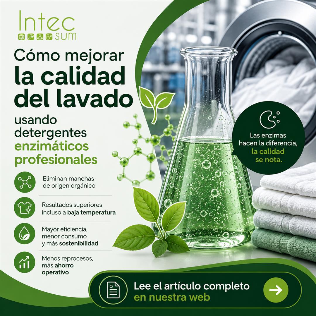 Proceso de lavado en lavandería industrial con detergentes enzimáticos profesionales para mejorar limpieza y eficiencia.