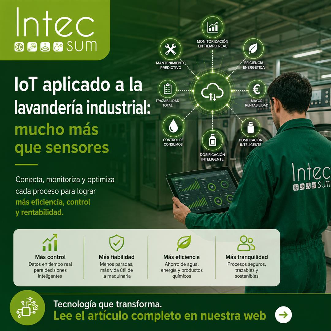 Operario supervisando una lavandería industrial conectada mediante tecnología IoT con monitorización de maquinaria, datos en tiempo real y control inteligente de procesos.