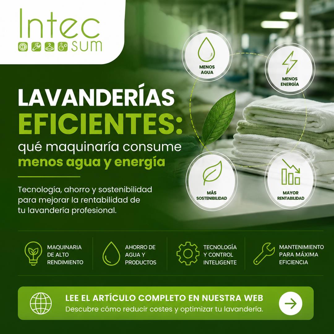 Lavandería industrial moderna con maquinaria eficiente de bajo consumo de agua y energía optimizada para hoteles, hospitales y lavanderías profesionales.