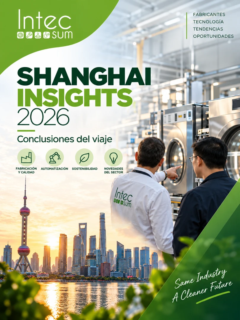 Equipo de Intecsum durante su visita a China para evaluar fabricantes de maquinaria de lavandería industrial.